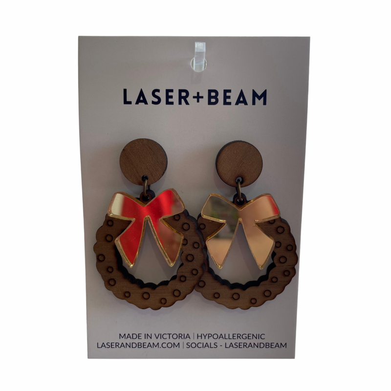 Christmas Earrings - Wooden Gold Mirror Wreath Statement Acrylic Dangles
